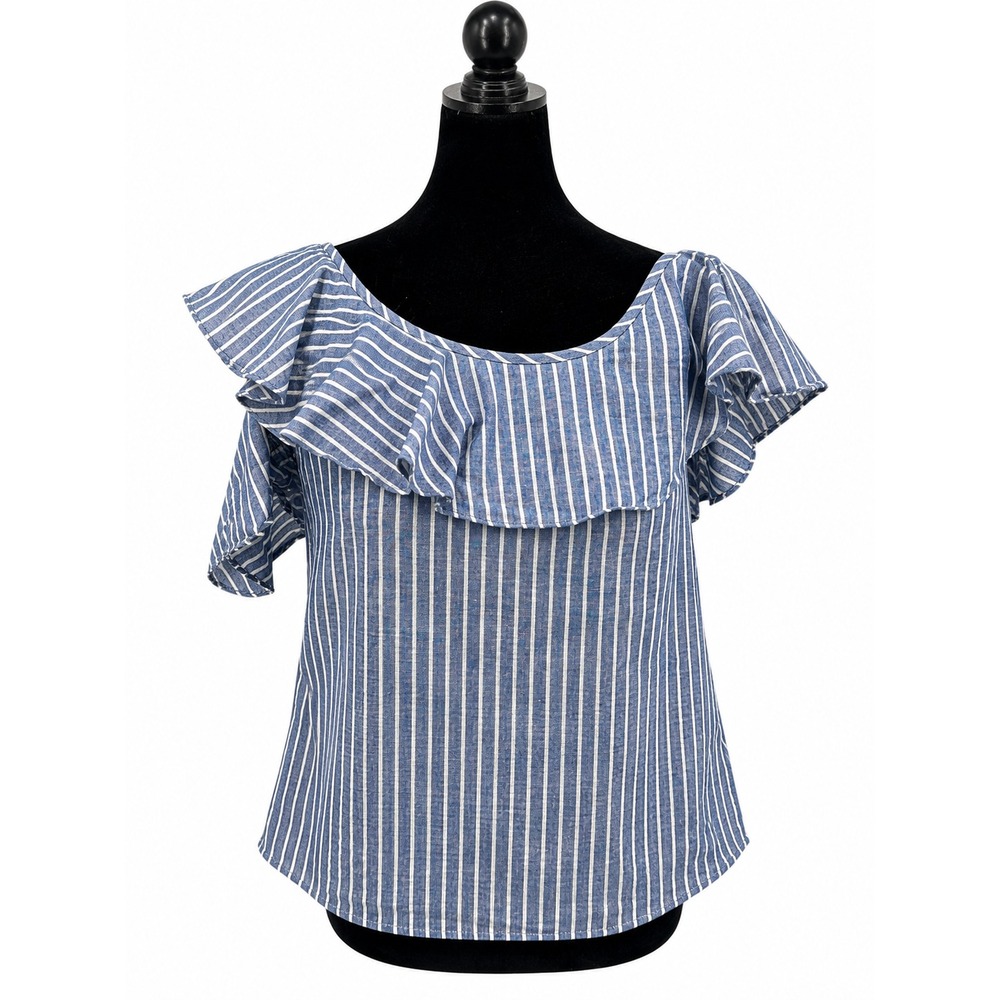 Madewell Womens Size 2 One Shoulder Ruffle Top Blue Stripe Linen Cotton G4975